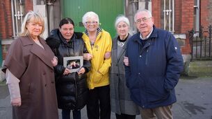 <p>Maureen Sullivan, the late Margaret McKinney, Dianne Croghan, Patricia Twomey, and Joe Costello outside the Seán McDermott Street former Magdalene Laundry, which is to become a national memorial and research centre. Picture: Moya Nolan</p>