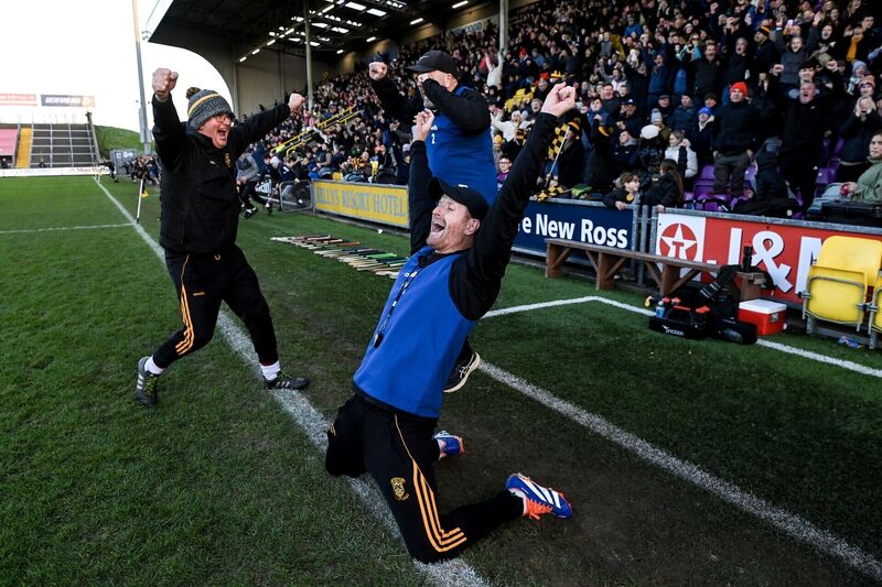 Shelmaliers manager Richie Power drops to his knees after the final whistle. Pic: Matt Browne/Sportsfile Shelmaliers manager Richie Power drops to his knees after the final whistle. Pic: Matt Browne/Sportsfile