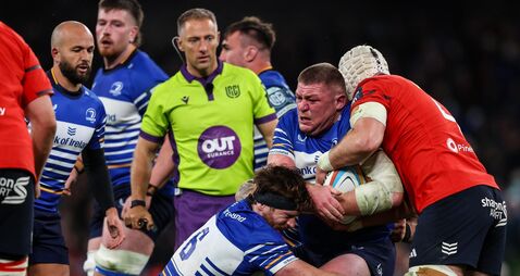 Tadhg Furlong is tackled by Kieran Brookes and Fineen Wycherley 24/10/2026