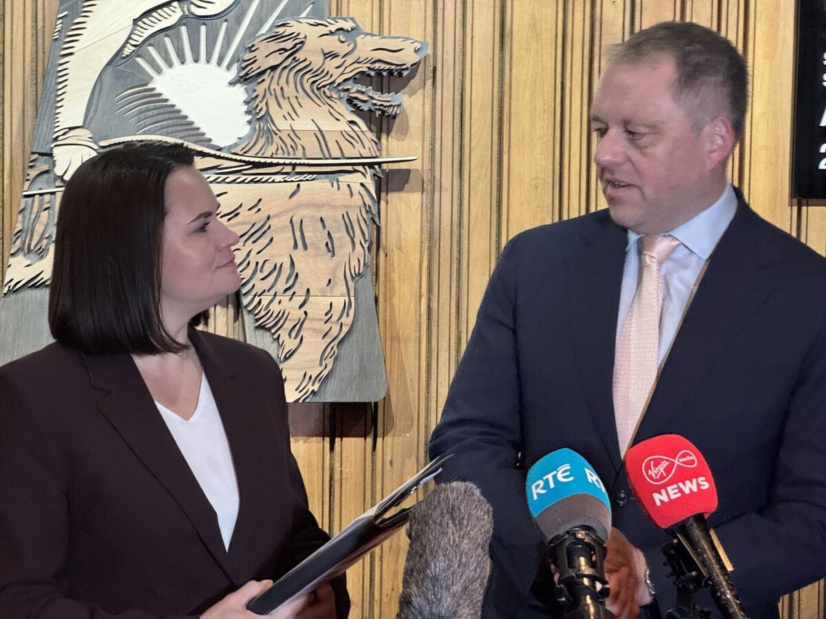 Minister of state for European affairs and Defence, Thomas Byrne and head of the United Transitional Cabinet of Belarus, Sviatlana Tsikhanouskaya. Picture: Mícheál Ó Scannáil/Press Association