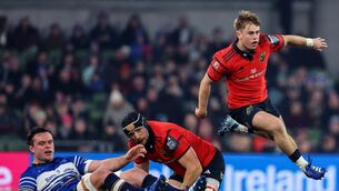 <p>FLYING START: Munster's Charlie O’Shea leaps over Gavin Coombes and Leinster's James Ryan. Pic: Ben Brady/Inpho</p> <p>FLYING START: Munster's Charlie O’Shea leaps over Gavin Coombes and Leinster's James Ryan. Pic: Ben Brady/Inpho</p>