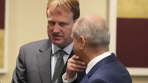 <p>Justice minister Jim O'Callaghan speaking to Taoiseach and Fianna Fáil leader Micheál Martin. </p>