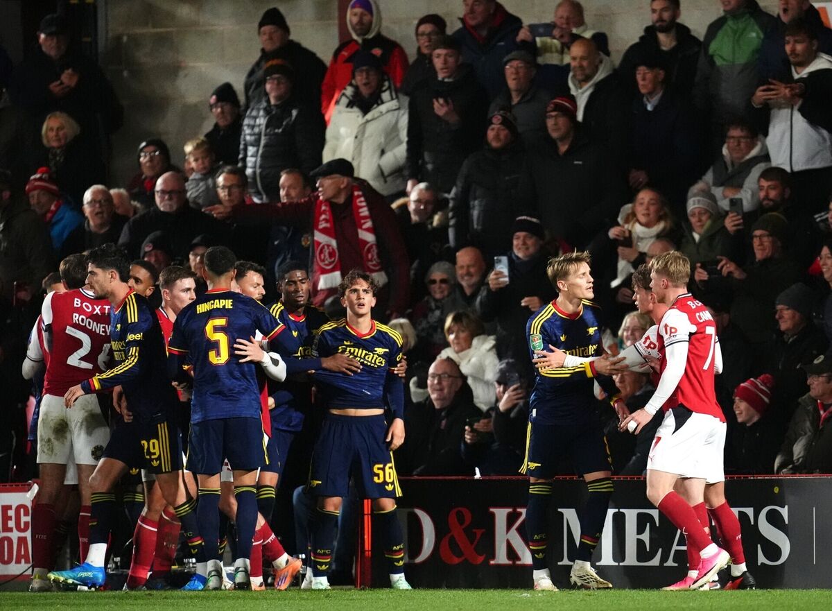 Tempers fray between Arsenal's Max Dowman and Fleetwood Town players. Pic: Nick Potts/Press Association. Tempers fray between Arsenal's Max Dowman and Fleetwood Town players. Pic: Nick Potts/Press Association.