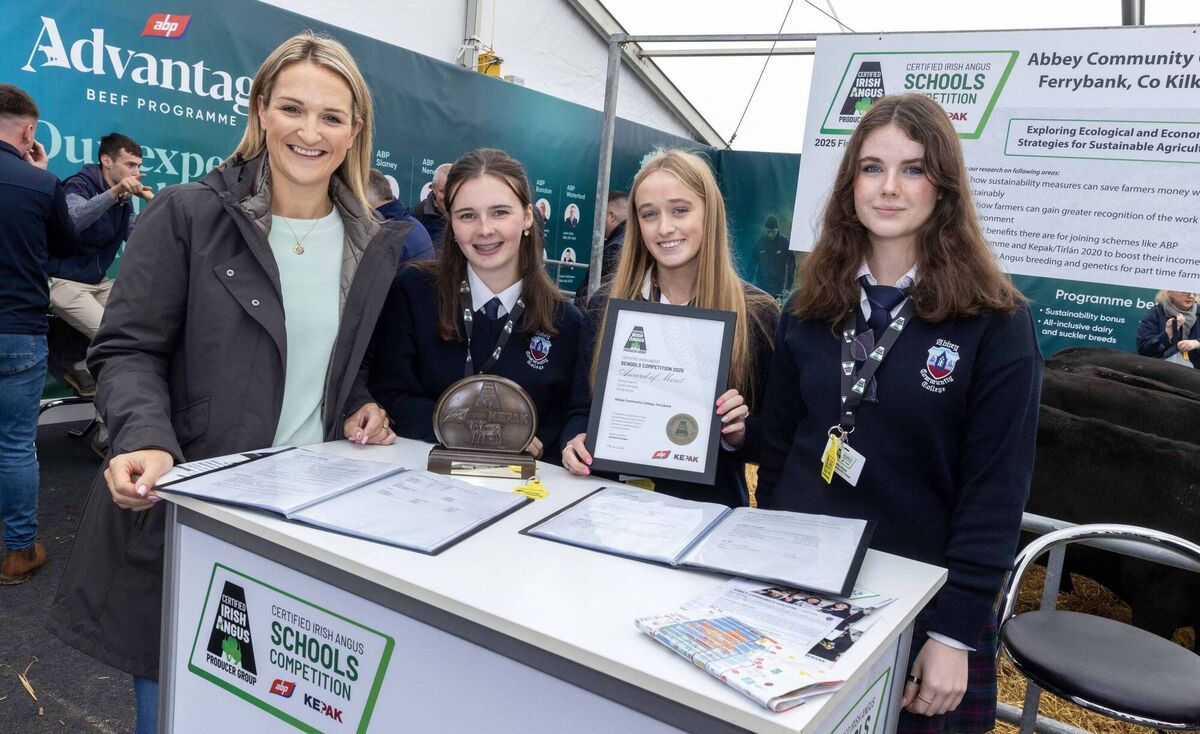 (Left to right) Minister Helen McEntee, Emily Kearns, Caitlin Kinsella, Emily Doyle at the Ploughing.