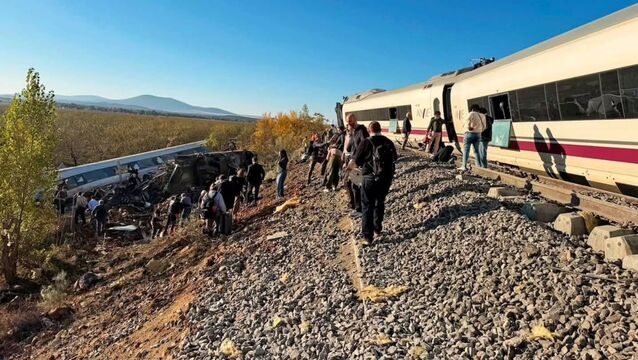<p>A view of the crash site after two high-speed trains collided in central Spain, killing dozens of people and injuring many others in Toledo, Spain on October 28, 2026. Picture: @1vanta3 via X / Handout/Anadolu via Getty Images</p>