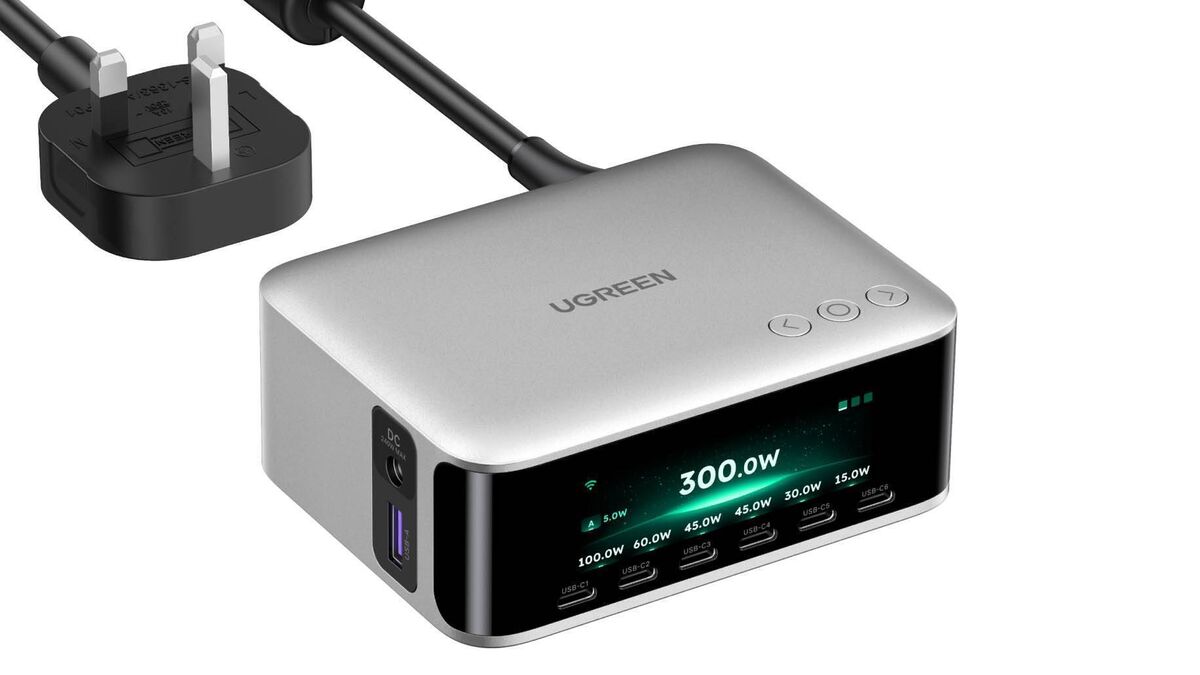 This Nexode Pro 300W offers an impressive eight-port array, including high-speed USB-C ports and a dedicated DC jack for legacy hardware. Picture: Ugreen