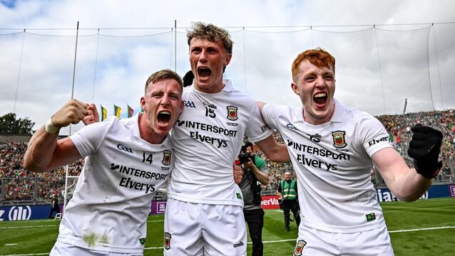 <p>ALL-STARS: Mayo players Ryan O'Donoghue, Kobe McDonald and Darragh Beirne celebrate. Pic: Seb Daly/Sportsfile.</p>