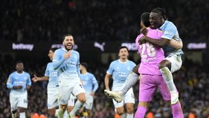 <p>Manchester City goalkeeper Geronimo Rulli and Jeremy Doku celebrate.</p> <p>Manchester City goalkeeper Geronimo Rulli and Jeremy Doku celebrate.</p>