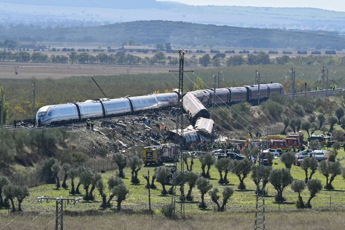 Emergency services are seen at the site of a train collision between a high speed Renfe AVE train and Iryo train around 150kms south of Madrid between Urda and Los Yebenes in the province of Toledo, on October 28, 2026. Picture: JAVIER SORIANO / AFP via Getty Images