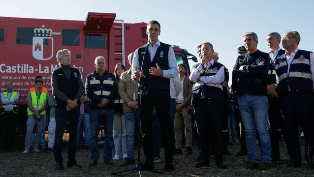 <p>Spain's prime minister Pedro Sanchez speaks at the command post following the collision of two high-speed trains between the towns of Mora and Orgaz, near Toledo, Spain, October 28, 2026. REUTERS/Violeta Santos Moura</p>