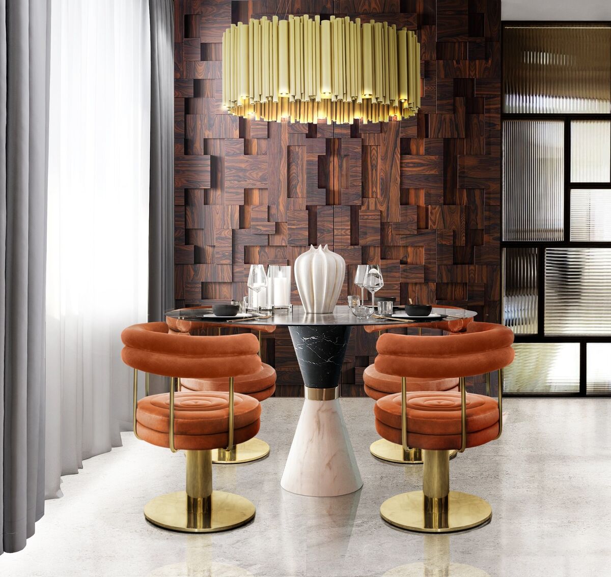 Velvet dining chairs in 1970s style with a (round) Brubeck chandelier by Delightfull (Spain) POA, delightfull.eu.
