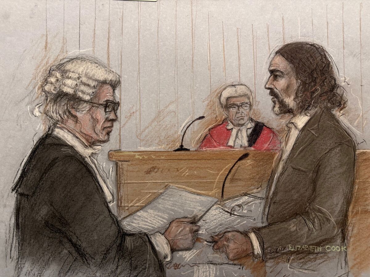 Court artist sketch by Elizabeth Cook of Russell Brand being questioned by his barrister Mr Winter KC at Southwark Crown Court, London, where he faces three charges of rape, indecent assault, and three counts of sexual assault, relating to six women. Picture: Elizabeth Cook/Press Association Court artist sketch by Elizabeth Cook of Russell Brand being questioned by his barrister Mr Winter KC at Southwark Crown Court, London, where he faces three charges of rape, indecent assault, and three counts of sexual assault, relating to six women. Picture: Elizabeth Cook/Press Association