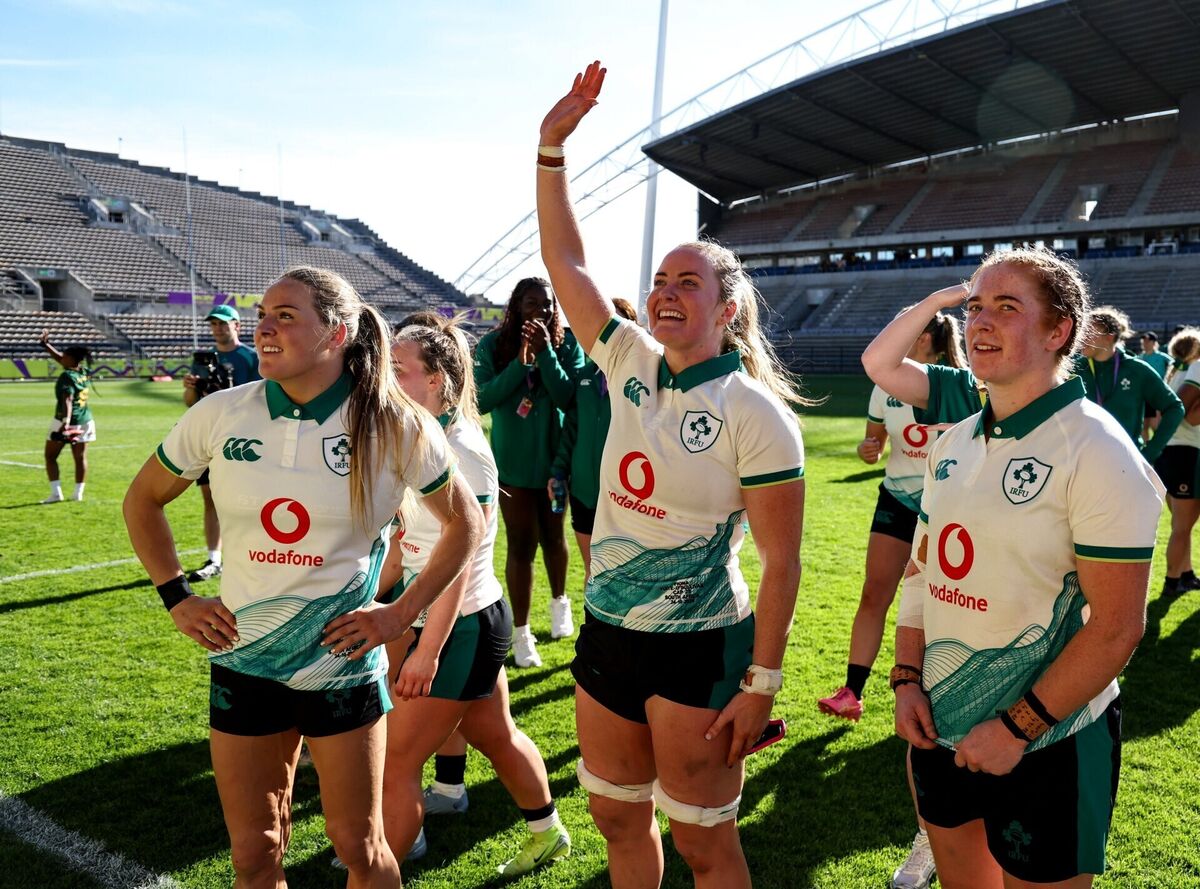 Ireland players, from left, Béibhinn Parsons, Fiona Tuite-O'Sullivan and Niamh O'Dowd after the WXV Global Series win over South Africa. Pic: Shaun Roy/Sportsfile Ireland players, from left, Béibhinn Parsons, Fiona Tuite-O'Sullivan and Niamh O'Dowd after the WXV Global Series win over South Africa. Pic: Shaun Roy/Sportsfile