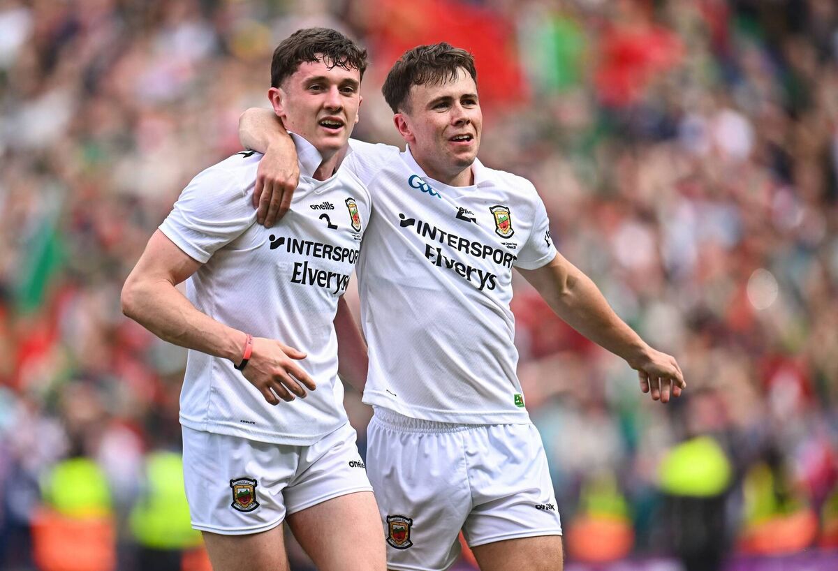 Mayo players Jack Coyne, left, and Paul Towey celebrate after the final win. Pic: Piaras Ó Mídheach/Sportsfile Mayo players Jack Coyne, left, and Paul Towey celebrate after the final win. Pic: Piaras Ó Mídheach/Sportsfile
