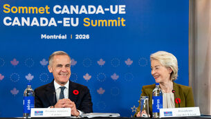 EC president Ursula von der Leyen (right) gives remarks alongside Canadian Prime Minister Mark Carney (Christopher Katsarov/The Canadian Press via AP/PA)