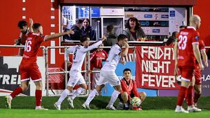 <p>Evan McLaughlin of Waterford celebrates after scoring against Shelbourne. Pic: Thomas Flinkow/Sportsfile</p>