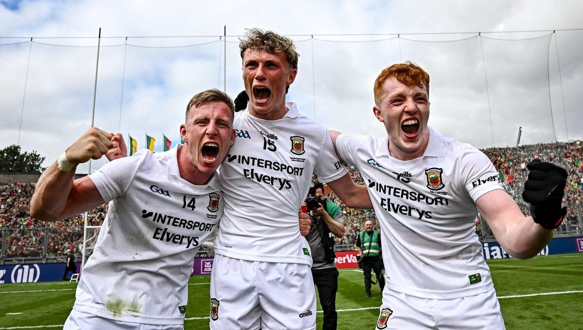 Mayo players, from left, Ryan O'Donoghue, Kobe McDonald and Darragh Beirne celebrate. Pic: Seb Daly/Sportsfile Mayo players, from left, Ryan O'Donoghue, Kobe McDonald and Darragh Beirne celebrate. Pic: Seb Daly/Sportsfile