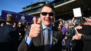 <p>DAZZLING SUCCESS: Aidan O'Brien celebrates after Sun Goddess crowned a stunning campaign with victory in the Breeders’ Cup Juvenile Fillies Turf at Keeneland on Friday night.  	Picture: Healy Racing</p>