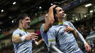 <p>Leinster's Joey Carbery celebrates scoring a try with Jordan Larmour and Cormac Foley. Pic: ©INPHO/Ben Brady</p> <p>Leinster's Joey Carbery celebrates scoring a try with Jordan Larmour and Cormac Foley. Pic: ©INPHO/Ben Brady</p>