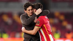 <p>Brentford manager Keith Andrews (left) and Aaron Hickey after the Premier League match at the Gtech Community Stadium, London.</p> <p>Brentford manager Keith Andrews (left) and Aaron Hickey after the Premier League match at the Gtech Community Stadium, London.</p>