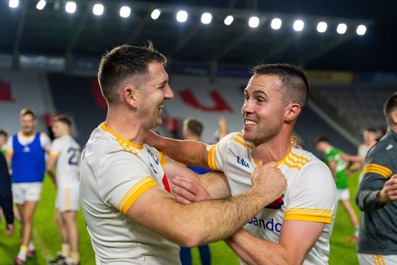 FINALLY: Bandon’s Mark Sugrue and Darren Crowley celebrate after their team’s defeat over Aghada in the Intermediate A Hurling Championship Final at Pairc Uí Chaoimh on Saturday. Picture by Noel Sweeney FINALLY: Bandon’s Mark Sugrue and Darren Crowley celebrate after their team’s defeat over Aghada in the Intermediate A Hurling Championship Final at Pairc Uí Chaoimh on Saturday. Picture by Noel Sweeney