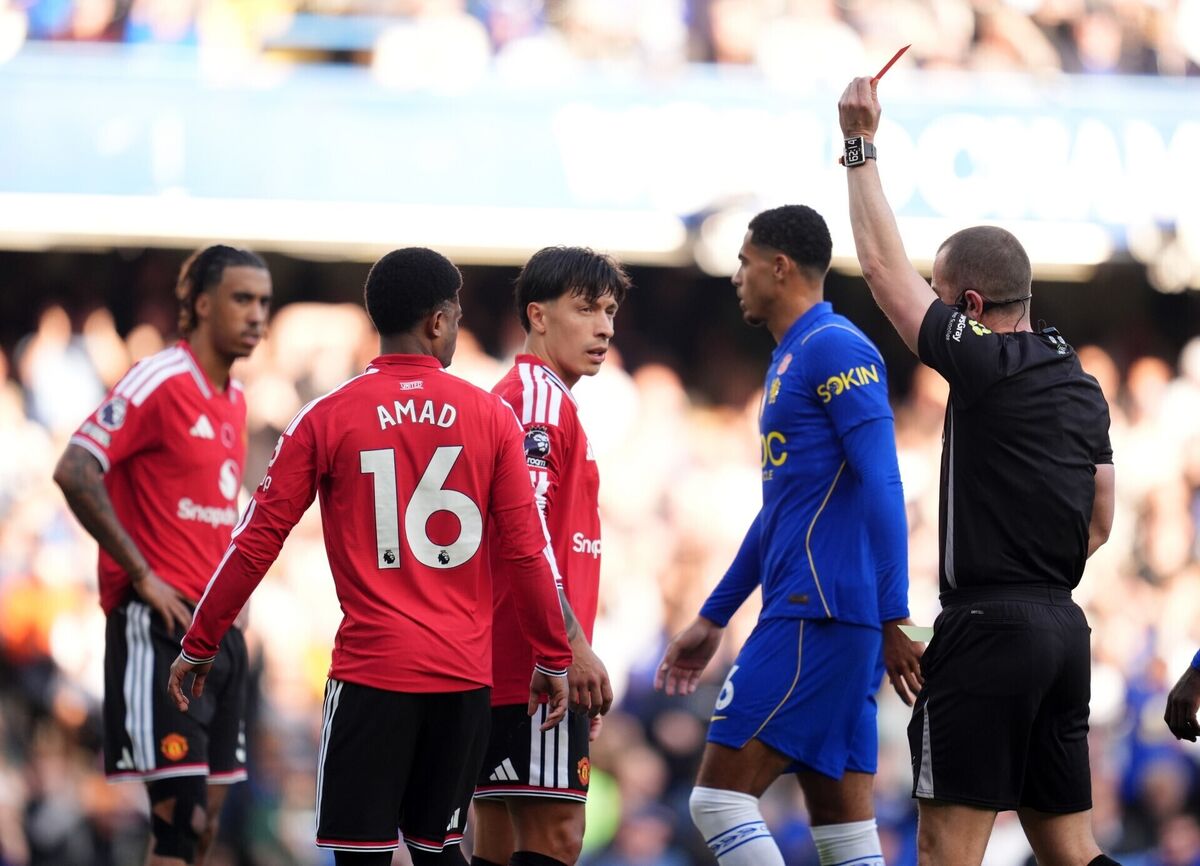 RED AGAIN: Referee Peter Bankes sends off Manchester United's Lisandro Martinez during the Premier League match at Stamford Bridge, London. Pic: Adam Davy/Press Association RED AGAIN: Referee Peter Bankes sends off Manchester United's Lisandro Martinez during the Premier League match at Stamford Bridge, London. Pic: Adam Davy/Press Association