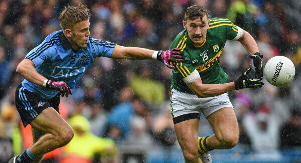 James O’Donoghue, Kerry, is tackled by Jonny Cooper, Dublin.