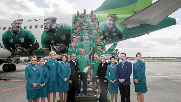Ireland players and coach Joe Schmidt pose for a photo prior to the team’s departure from Dublin Airport in advance of the World Cup in Japan. Picture: David Fitzgerald.