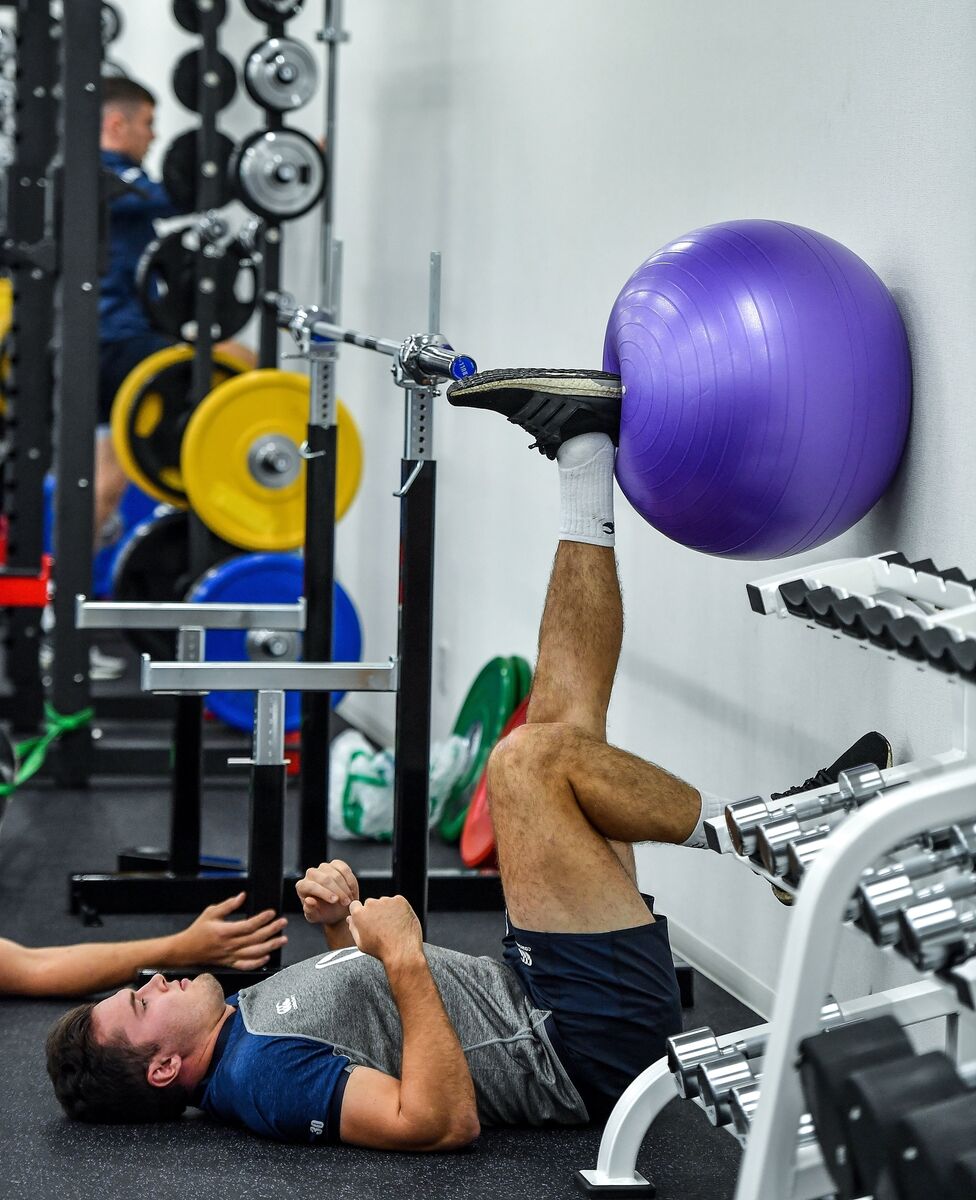 Feet up: Jacob Stockdale at the Ireland Rugby gym session today. Pic: Brendan Moran/Sportsfile