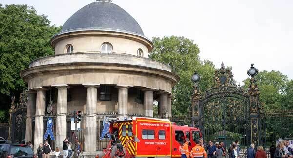 A fire truck is parked at the entrance to Monceau parc in the center of Paris today. Pic: PA