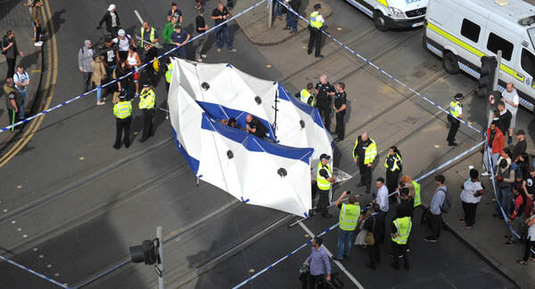 Activists outside Nottingham Theatre Royal shut down part of the city centre tram and bus network to protest for social justice movement Black Lives Matter. Pic: PA Activists outside Nottingham Theatre Royal shut down part of the city centre tram and bus network to protest for social justice movement Black Lives Matter. Pic: PA