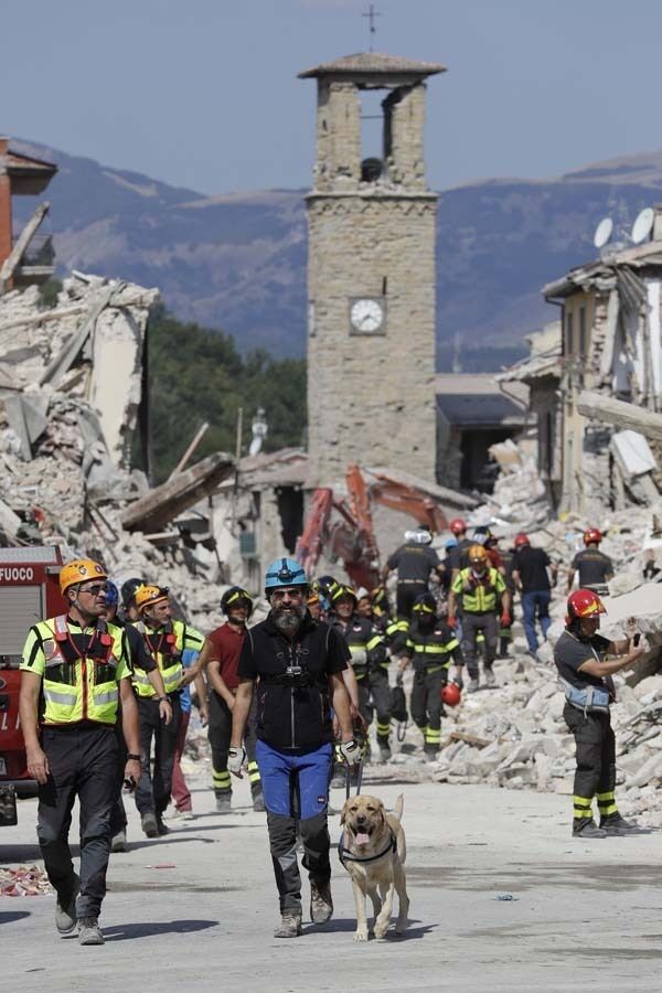 Rescue teams continue their operations as a standing medieval bell tower is seen in the background in Amatrice, central Italy, today. Pic: AP Rescue teams continue their operations as a standing medieval bell tower is seen in the background in Amatrice, central Italy, today. Pic: AP