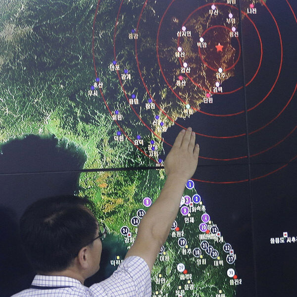 Earthquake and Volcano of the Korea Monitoring Division Director Ryoo Yong-gyu points at the epicenter of seismic waves in North Korea, in Seoul, South Korea. Picture: AP