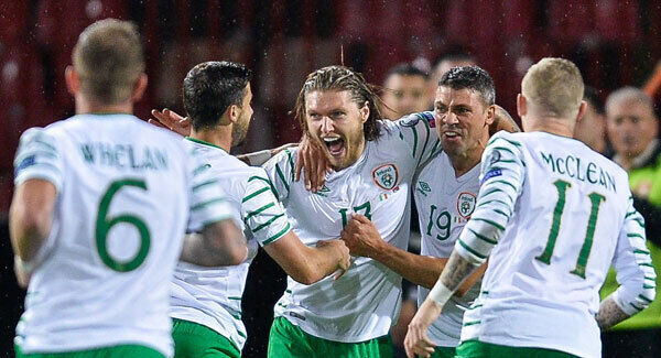 Jeff Hendrick celebrates scoring his side's first goal with team mates at the Red Star Stadium. Photo by Alex Nicodim/Sportsfile Jeff Hendrick celebrates scoring his side's first goal with team mates at the Red Star Stadium. Photo by Alex Nicodim/Sportsfile