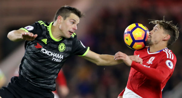 Chelsea's Cesar Azpilicueta and Middlesbrough's Gaston Ramirez at The Riverside Stadium. Photo: Owen Humphreys/PA Chelsea's Cesar Azpilicueta and Middlesbrough's Gaston Ramirez at The Riverside Stadium. Photo: Owen Humphreys/PA