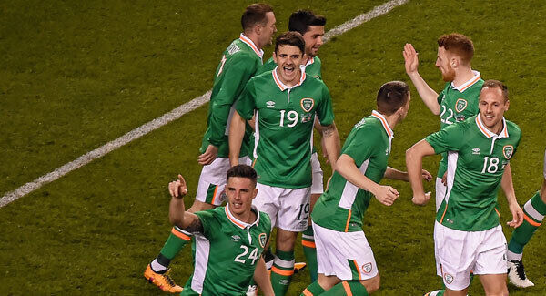 Ciaran Clark celebrates scoring the only goal of the game at the Aviva Stadium. Photo: Cody Glenn / SPORTSFILE