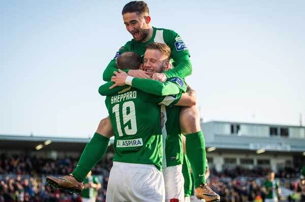 Cork City's Karl Sheppard celebrates scoring their second goal of the game with Sean Maguire and Kevin O'Connor. Photo: INPHO/Ryan Byrne
