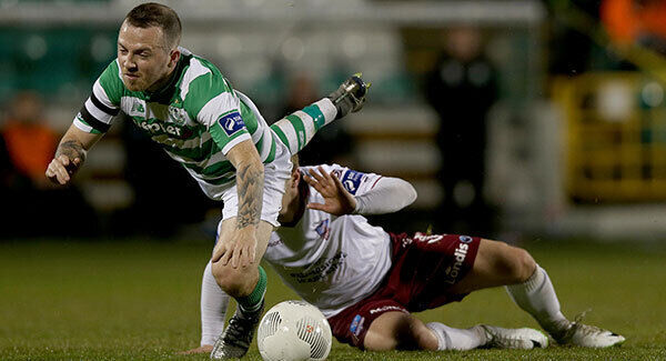 Gary McCabe of Rovers is brought down by Colin Horgan of Galway. Photo: INPHO/Donall Farmer