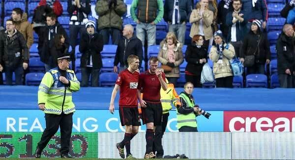 West Bromwich Albion's Chris Brunt (centre) and Darren Fletcher after the final whistle today. Pic: PA