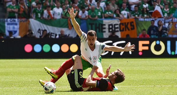 18 June 2016; Seamus Coleman of Republic of Ireland in action against Jan Vertonghen of Belgium in the UEFA Euro 2016 Group E match between Belgium and Republic of Ireland at Nouveau Stade de Bordeaux in Bordeaux, France. Photo by David Maher/Sportsfile