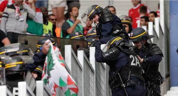 Riot police at yesterday's game between Hungary and Iceland. Pic: PA Riot police at yesterday's game between Hungary and Iceland. Pic: PA