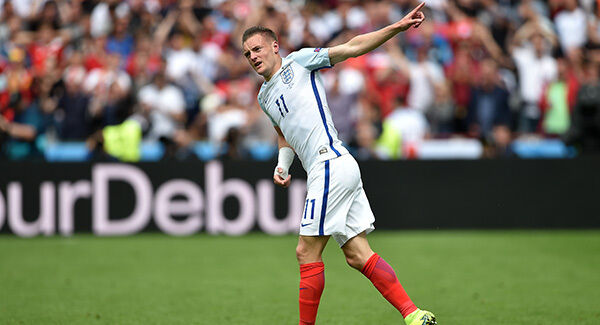 England's Jamie Vardy celebrate scoring his side's first goal of the game during the UEFA Euro 2016, Group B match at the Stade Felix Bollaert-Delelis, Lens. PRESS ASSOCIATION Photo.
