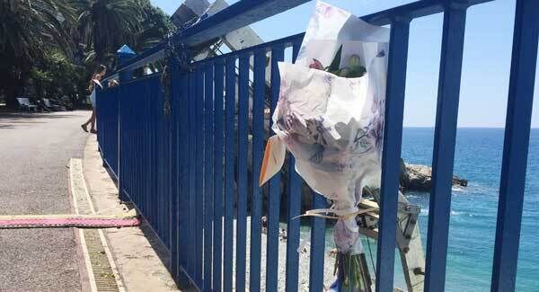 Flowers are left close to the scene where Darren Rodgers, from Ballymena, died after a fall in Nice in France. Pic: PA