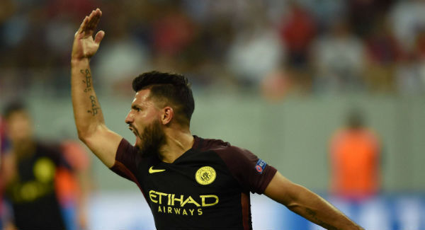 Manchester City's Argentinian striker Sergio Aguero celebrates scoring a goal at the National Arena stadium in Bucharest. Photo: DANIEL MIHAILESCU/AFP/Getty Images