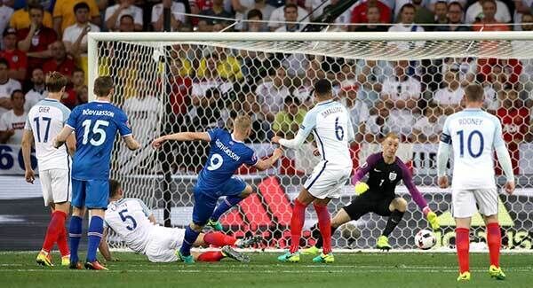 Iceland's Kolbeinn Sigthorsson scores his side's second goal of the game at Stade de Nice. Photo: Nick Potts/PA