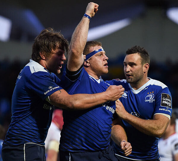 Sean Cronin, centre, of Leinster celebrates after scoring his side's third try with team-mates Jordi Murphy, left, and Dave Kearney at the RDS Arena. Photo by Stephen McCarthy/Sportsfile Sean Cronin, centre, of Leinster celebrates after scoring his side's third try with team-mates Jordi Murphy, left, and Dave Kearney at the RDS Arena. Photo by Stephen McCarthy/Sportsfile