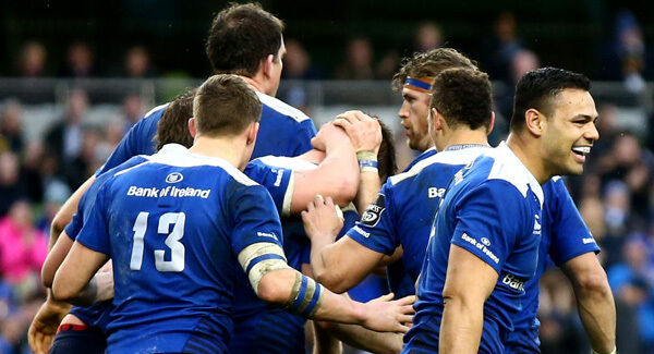 Leinster try scorer Johnny Sexton is congratulated by teammates. Picture: INPHO