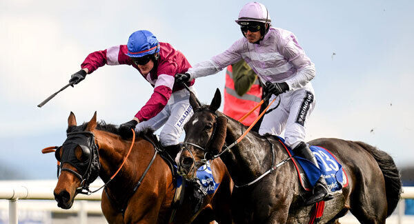 Ruby Walsh, right, gives winning jockey Ger Fox a congratulatory nudge following his victory in the BoyleSports Irish Grand National Steeplechase on Rogue Angel. Photo: Seb Daly / SPORTSFILE