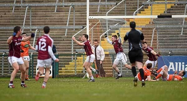 Galway's Danny Cummins celebrates with team-mates after scoring the equalising goal at the Athletic Grounds. Photo: Philip Fitzpatrick / SPORTSFILE