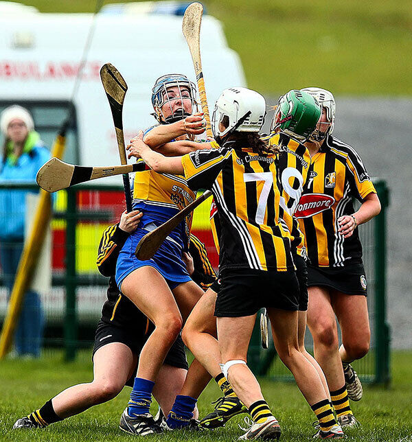 Megan Ryan of Tipperary surrounded by Kilkenny players. Photo: INPHO/Donall Farmer